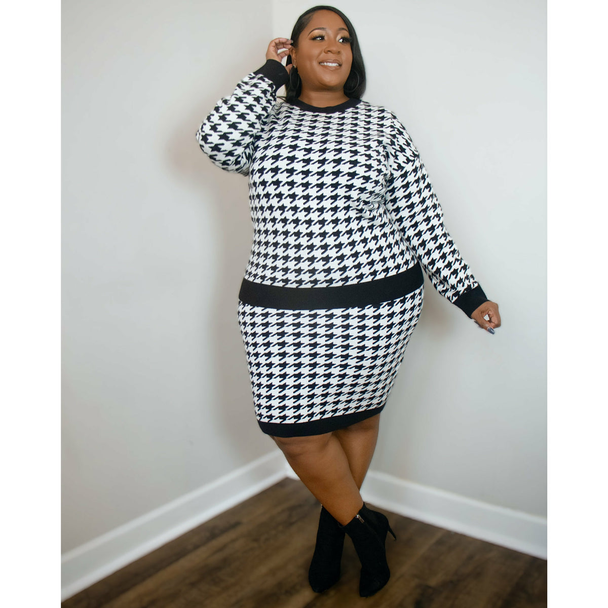Madelyn Long Sleeve Houndstooth Knit Sweater Set - Shay B Shop