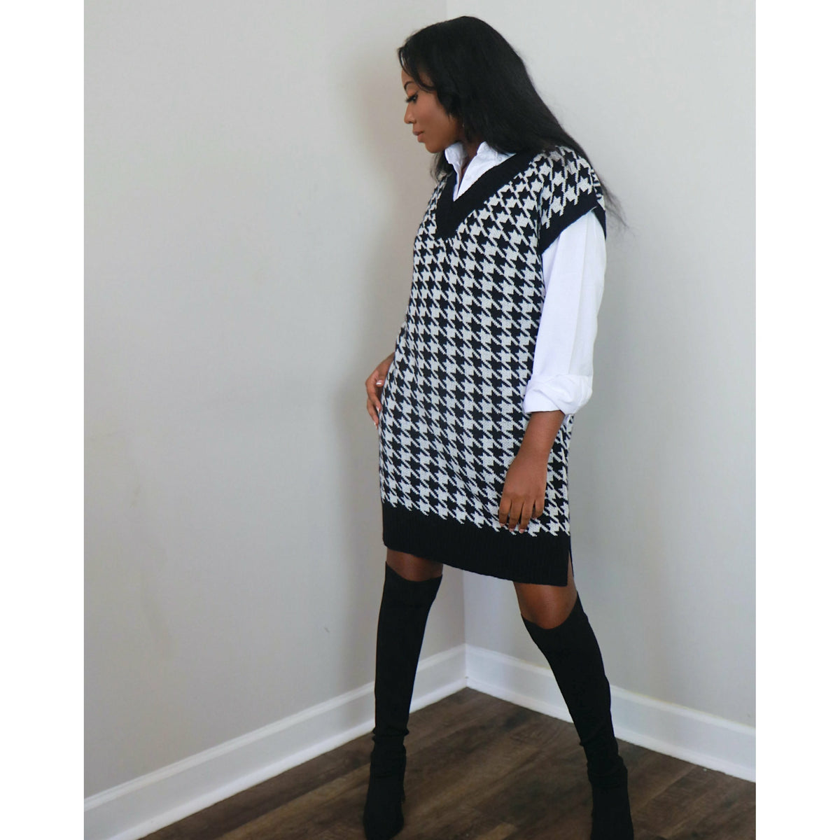 Natalie Houndstooth Knit Sweater Vest Dress - Shay B Shop